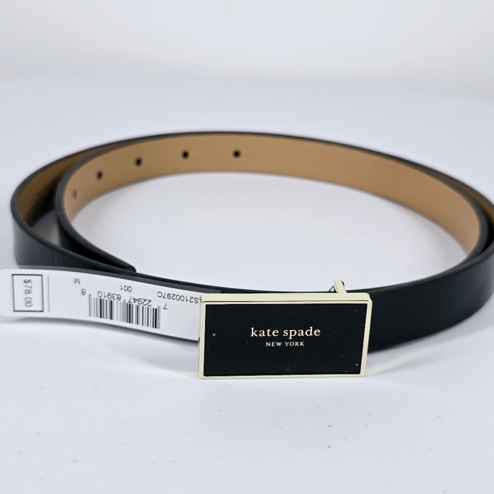 NWT Kate Spade Leather Belt Size M Black Enamel Plaque Buckle